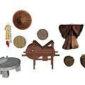 Traditional Industrial Equipment With Stone Mill Windmill Bamboo Containers And Straw Raincoat