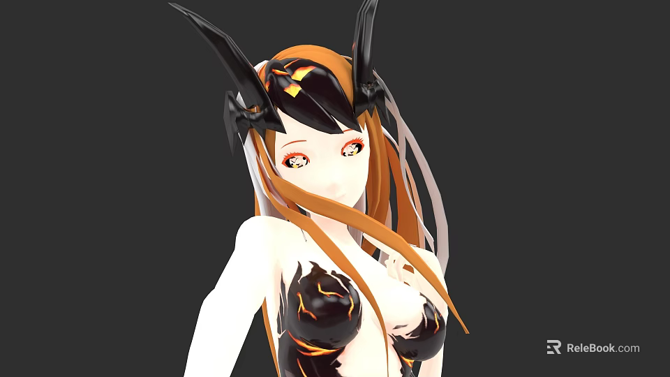 Woman With Orange Hair Black Horned Headpiece And Black Outfit In Dark Background 3d model 