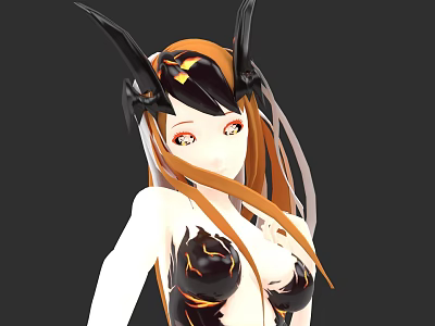 Woman With Orange Hair Black Horned Headpiece And Black Outfit In Dark Background 3d model