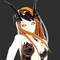 Woman With Orange Hair Black Horned Headpiece And Black Outfit In Dark Background