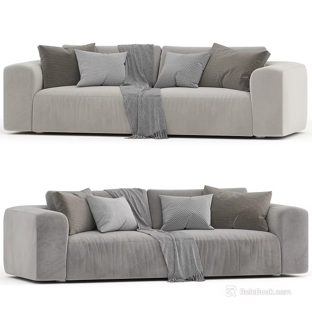 Comfortable Gray Two Seater Sofa With Multiple Pillows And Draped Throw Blanket 3d model