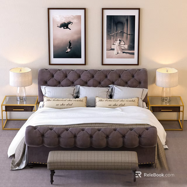 Plum Tufted Headboard Double Bed with Nightstands Table Lamps Decorative Paintings and Bench 3d model 