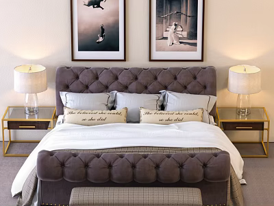 Plum Tufted Headboard Double Bed with Nightstands Table Lamps Decorative Paintings and Bench 3d model