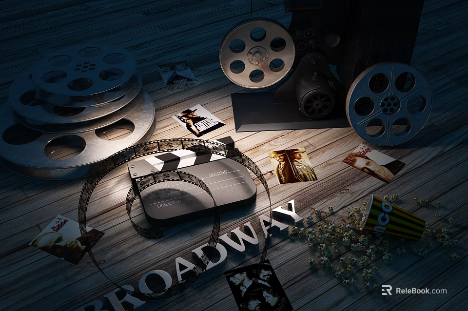 Vintage Movie Themed Decorative Ornament Set with Film Reels Clapperboard Popcorn and Broadway Sign 3d model 