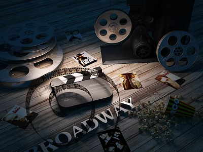 Vintage Movie Themed Decorative Ornament Set with Film Reels Clapperboard Popcorn and Broadway Sign 3d model