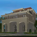 Elegant Detached Villa Two Story with Lush Greenery Lawn Water Pond Stone Pathway and Lighting