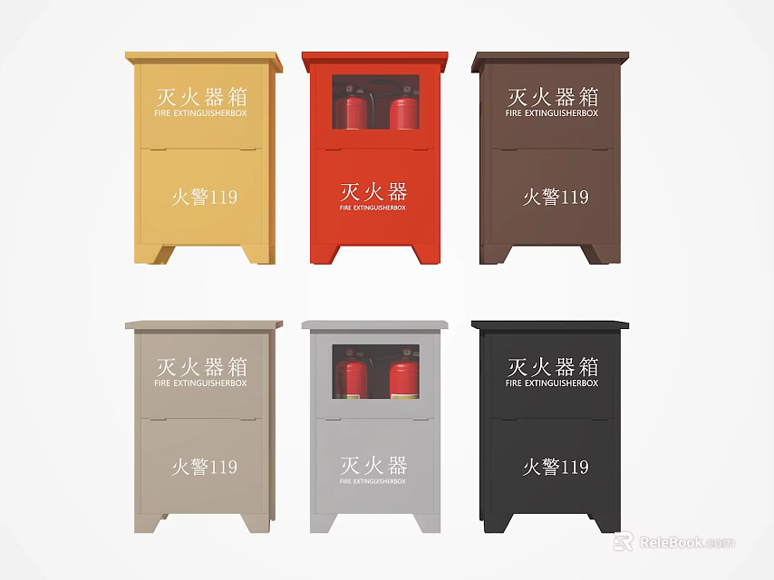 Fire Equipment Featuring Various Colored Fire Extinguisher Cabinets With Fire Alarm 119 And Extinguishers Inside 3d model 