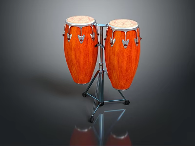 Pair of Orange Conga Drums On Metal Stand With Reflective Surface 3d model