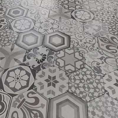 Decorative Hexagonal Floor Tiles With Various Gray And White Patterns For Interior Spaces 3d model