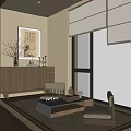 Traditional Japanese Tea Room Interior With Tatami Large Windows Green Trees View And Decorative Painting
