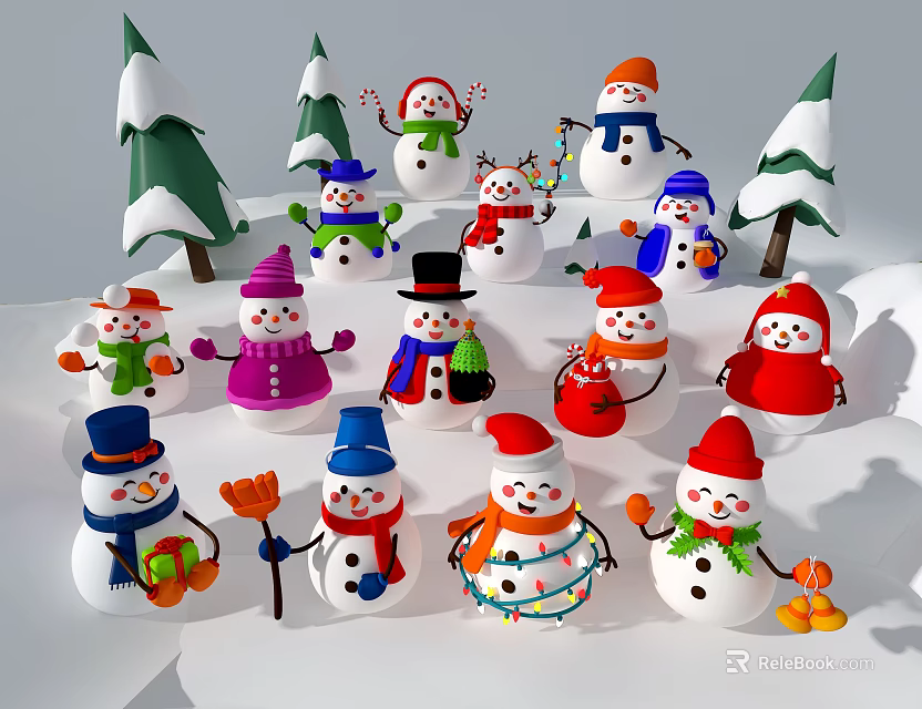 Christmas Window Display Decoration with Colorful Snowmen and Festive Christmas Trees 3d model 