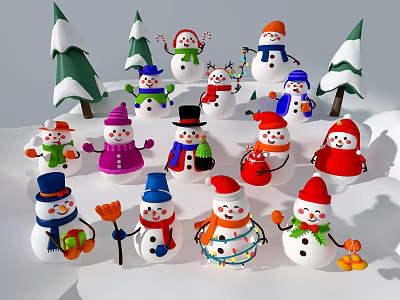 Christmas Window Display Decoration with Colorful Snowmen and Festive Christmas Trees 3d model