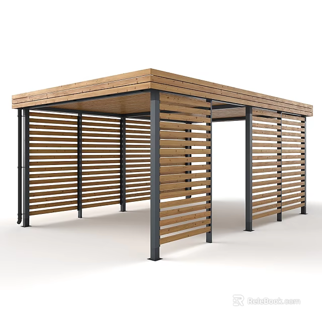 Garden Landscape Wooden Pavilion With Slatted Sides And Black Metal Pillars 3d model 