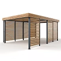 Garden Landscape Wooden Pavilion With Slatted Sides And Black Metal Pillars
