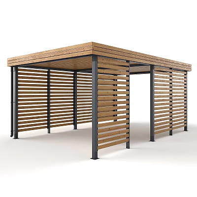 Garden Landscape Wooden Pavilion With Slatted Sides And Black Metal Pillars 3d model