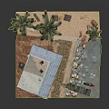 Cartoon Scene With Small House On Cliff Balcony Palm Trees Water Area And Small Boat