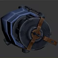 3D Model of Blue and Black Weapon with Orange Metal Parts and Green Glowing Light