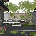 Modern Garden Landscape Featuring Outdoor Sofa Green Plants Stone Slab Floor And Flower Beds