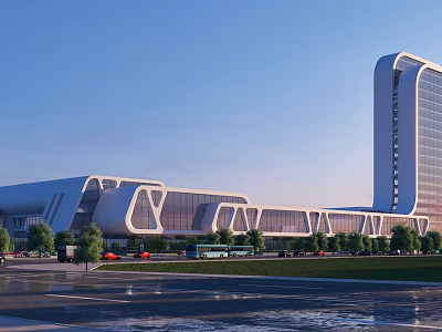 Modern Commercial Complex with Contemporary Architectural Design Glass Curtain Walls and Lush Green Surroundings 3d model