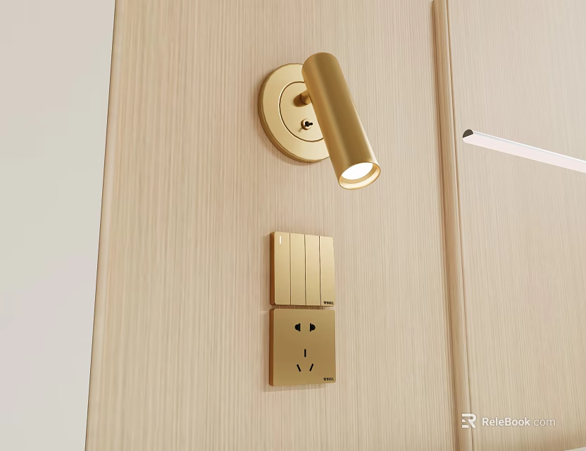 Gold Cylindrical Wall Lamp Illuminated on Wooden Texture Modern Minimalist Wall 3d model 