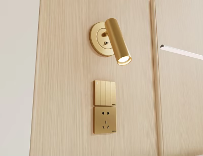 Gold Cylindrical Wall Lamp Illuminated on Wooden Texture Modern Minimalist Wall 3d model