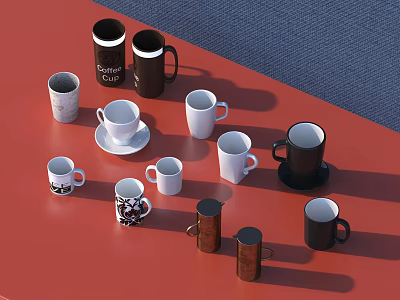 Assorted Coffee Cups In White Black Brown With Patterns On Red Tabletop Blue Background 3d model