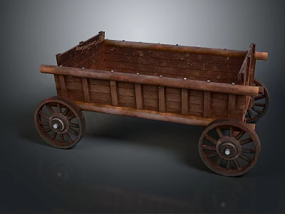 Vintage Wooden Cart With Large Spoked Wheels And Rustic Open Structure 3d model