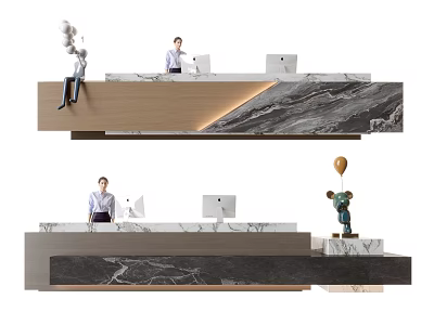 Elegant Modern Front Desk Reception Area With Marble Countertop And Staff Working At Computer 3d model