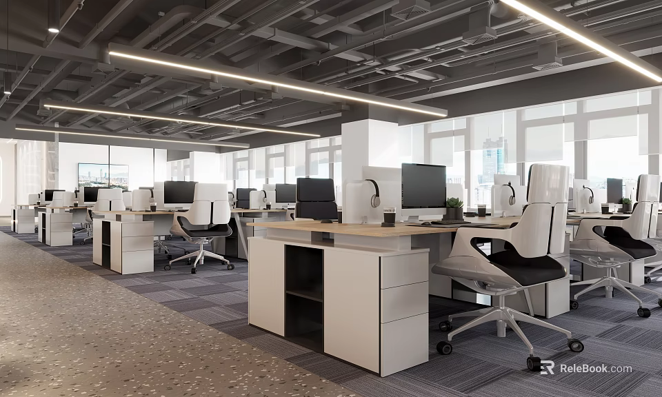 Modern Open Public Office Space With Workstations Computers Office Chairs Large Windows And Bright Lighting 3d model 