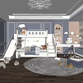 Kids Room With Bunk Bed Slide Round Rug Toys Bookshelf And Chandelier Design