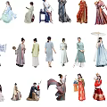 Group of People Wearing Traditional Hanfu With Elegant Postures Holding Colorful Umbrellas