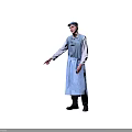 Man in Long Light Blue Apron and Long Sleeve Shirt Pointing at Open Cardboard Box