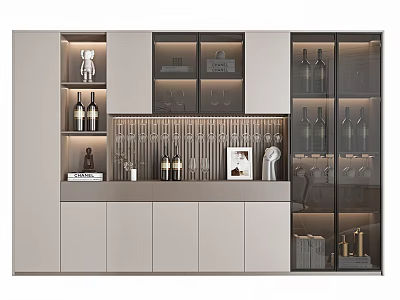 Elegant Modern Wine Cabinet With Glass Doors Wine Bottles Glasses And Decorative Items 3d model
