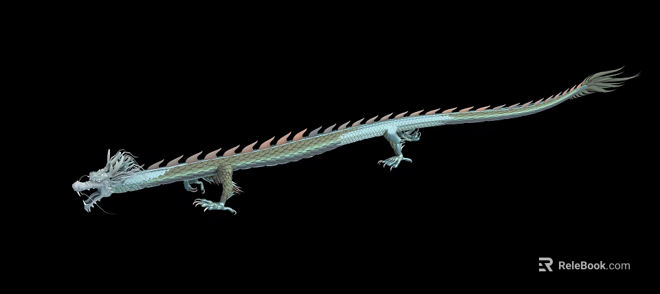 Detailed Mythical Dragon Tail With Green And Red Scales And Claws On Black Background 3d model 