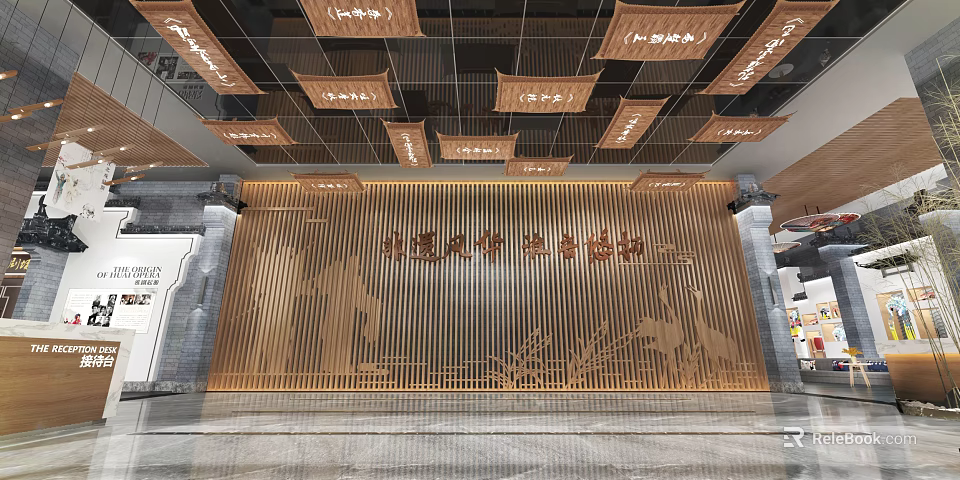 Historical Cultural Exhibition Hall With Wooden Lattice Wall Carvings And Suspended Ceiling Decorations 3d model 