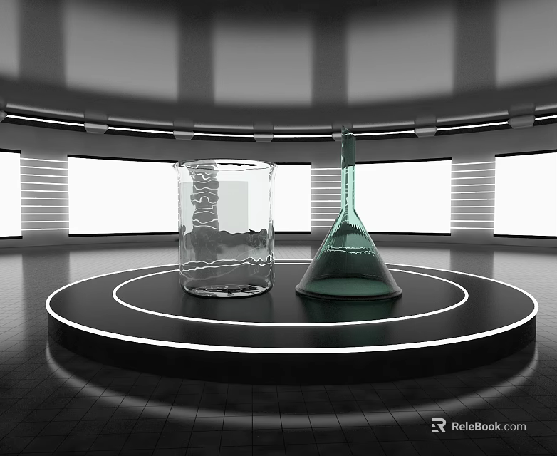 Modern Circular Display Shelves With Glass Containers And Striped Lighting Background 3d model 