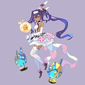 Game Anime Character With Purple Twin Tails White Pink Dress And Glowing Orb Companions