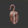 Vintage Rusty Metal Pulley With Curved Hook And Open Frame 3d model