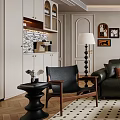 Black Leather Leisure Chair With Wooden Arms Side Table Floor Lamp In Modern Living Room