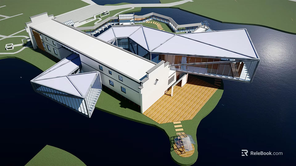 Modern Sales Office Building Geometric Roof Design With Waterfront Lawn And Wooden Deck 3d model 