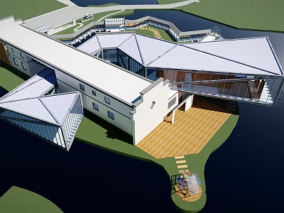 Modern Sales Office Building Geometric Roof Design With Waterfront Lawn And Wooden Deck 3d model