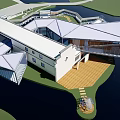 Modern Sales Office Building Geometric Roof Design With Waterfront Lawn And Wooden Deck