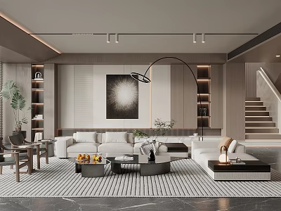 Modern Living Room Interior With Sofa Coffee Table Rug Floor Lamp Plants Shelves And Staircase 3d model
