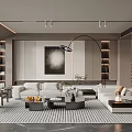 Modern Living Room Interior With Sofa Coffee Table Rug Floor Lamp Plants Shelves And Staircase