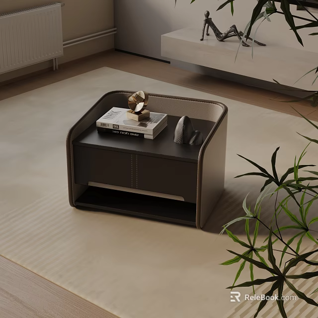 Modern Bedside Table With Leather Accent Sleek Design And Decorative Ornament On Top 3d model 