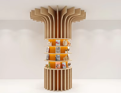 Modern Cylindrical Wooden Bookshelf With Orange Shelves Holding Books And Small Decorations 3d model