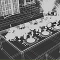 Elegant Outdoor Table With Tableware Candles Green Plants Wooden Bench In Patio Setting
