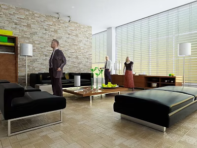 Modern Casual Area Interior Design With Black Sofas Coffee Table Stone Wall And Large Windows 3d model