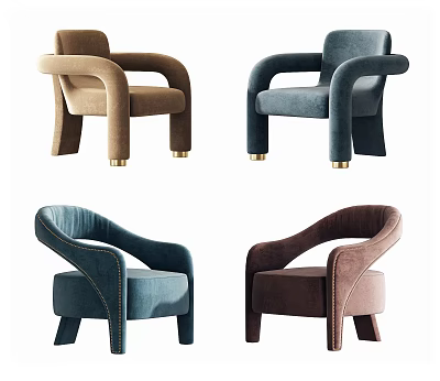 Elegant Leisure Chairs With Curved Armrests Velvet Upholstery And Metal Legs Design 3d model