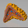 3D Rendered Biological Tissue Section Featuring Yellow Outer Layer Pink Middle and Blue Red Particles
